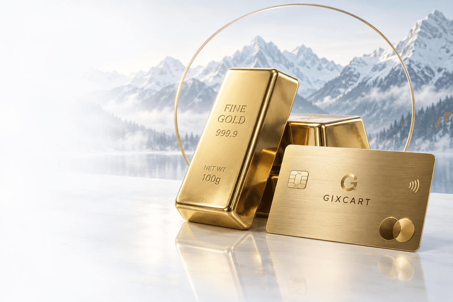 999.9 fine gold bars and a metallic GIXCART card in front of a gold arch and misty mountains